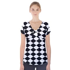 Diamond Black White Plaid Chevron Short Sleeve Front Detail Top by Mariart