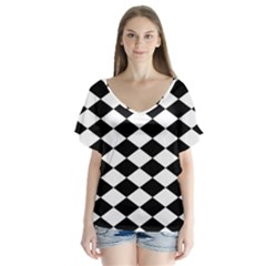 Diamond Black White Plaid Chevron Flutter Sleeve Top by Mariart