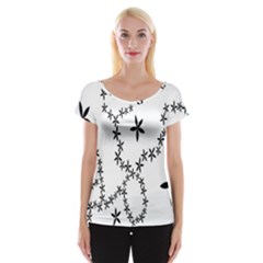 Flower Floral Black Line Wave Chevron Fleurs Women s Cap Sleeve Top