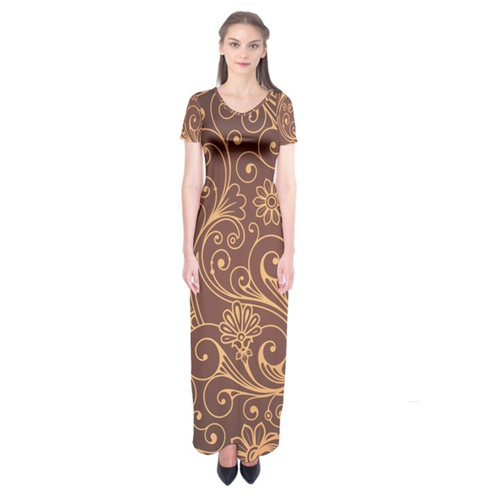 Gold And Brown Background Patterns Short Sleeve Maxi Dress