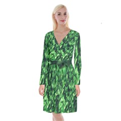 Green Attack Long Sleeve Velvet Front Wrap Dress