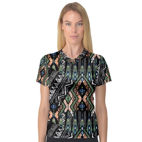 Ethnic Art Pattern Women s V-neck Sport Mesh Tee by Nexatart