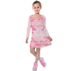 Pink Camo Print Kids  Long Sleeve Velvet Dress by Nexatart