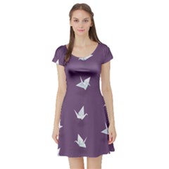 Goose Swan Animals Birl Origami Papper White Purple Short Sleeve Skater Dress by Mariart