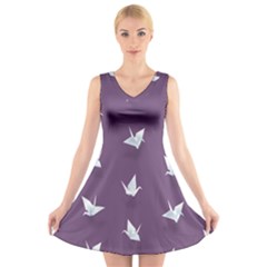 Goose Swan Animals Birl Origami Papper White Purple V-neck Sleeveless Skater Dress by Mariart