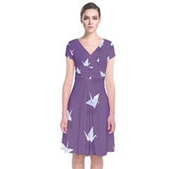 Goose Swan Animals Birl Origami Papper White Purple Short Sleeve Front Wrap Dress by Mariart