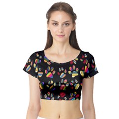 Colorful Paw Prints Pattern Background Reinvigorated Short Sleeve Crop Top (tight Fit) by Nexatart