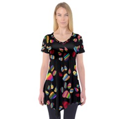 Colorful Paw Prints Pattern Background Reinvigorated Short Sleeve Tunic  by Nexatart