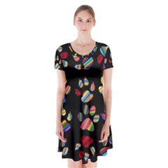 Colorful Paw Prints Pattern Background Reinvigorated Short Sleeve V-neck Flare Dress by Nexatart