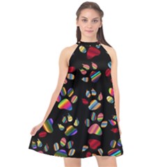 Colorful Paw Prints Pattern Background Reinvigorated Halter Neckline Chiffon Dress 