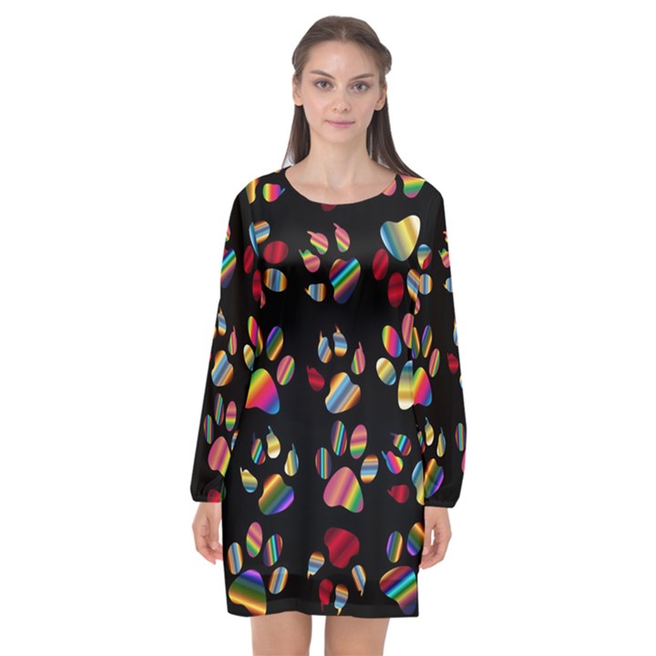 Colorful Paw Prints Pattern Background Reinvigorated Long Sleeve Chiffon Shift Dress 