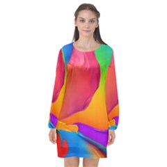 Paint Rainbow Color Blue Red Green Blue Purple Long Sleeve Chiffon Shift Dress 