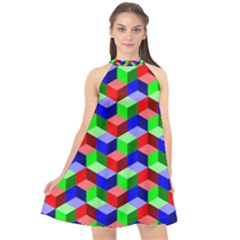 Seamless Rgb Isometric Cubes Pattern Halter Neckline Chiffon Dress 