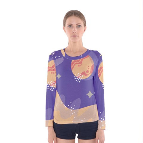 Planet Galaxy Space Star Polka Meteor Moon Blue Sky Circle Women s Long Sleeve Tee by Mariart