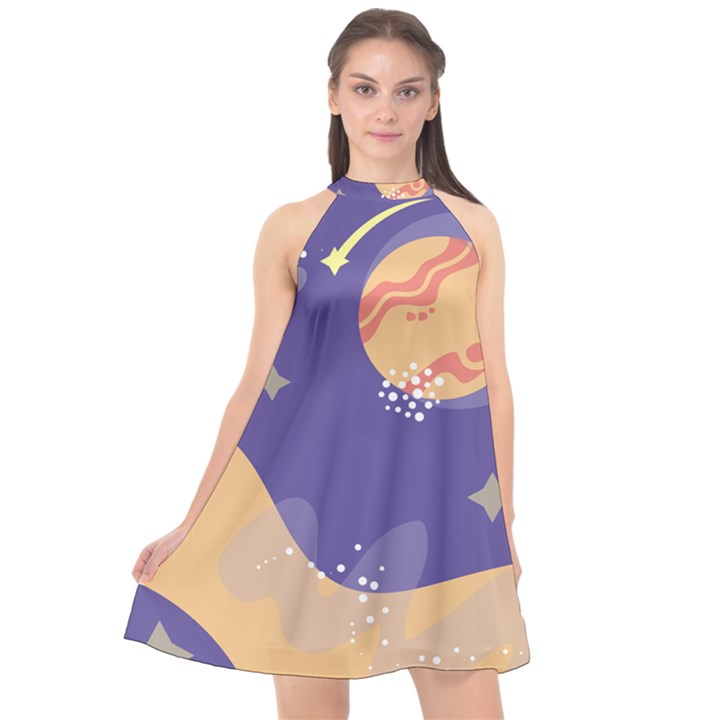 Planet Galaxy Space Star Polka Meteor Moon Blue Sky Circle Halter Neckline Chiffon Dress 