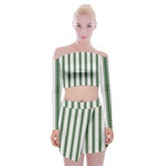 Plaid Line Green Line Vertical Off Shoulder Top With Skirt Set