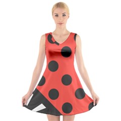 Red Black Hole White Line Wave Chevron Polka Circle V-neck Sleeveless Skater Dress by Mariart