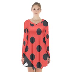 Red Black Hole White Line Wave Chevron Polka Circle Long Sleeve Velvet V-neck Dress by Mariart