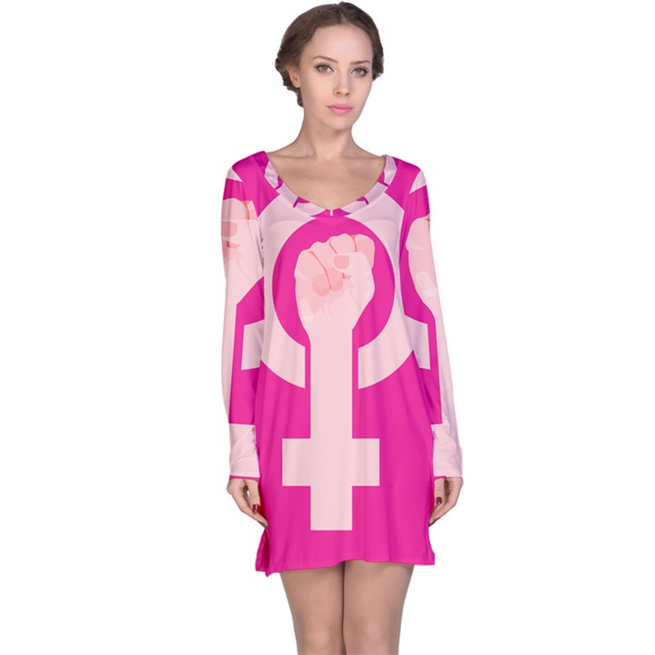 Women Safety Feminist Nail Strong Pink Circle Polka Long Sleeve Nightdress