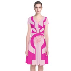 Women Safety Feminist Nail Strong Pink Circle Polka Short Sleeve Front Wrap Dress by Mariart