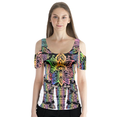 Prismatic Floral Pattern Elephant Butterfly Sleeve Cutout Tee  by Nexatart