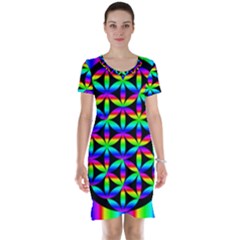 Rainbow Flower Of Life In Black Circle Short Sleeve Nightdress by Nexatart