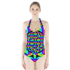 Rainbow Flower Of Life In Black Circle Halter Swimsuit by Nexatart