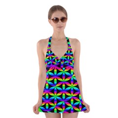 Rainbow Flower Of Life In Black Circle Halter Swimsuit Dress by Nexatart