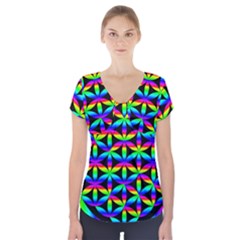 Rainbow Flower Of Life In Black Circle Short Sleeve Front Detail Top by Nexatart