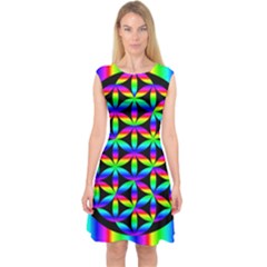 Rainbow Flower Of Life In Black Circle Capsleeve Midi Dress by Nexatart