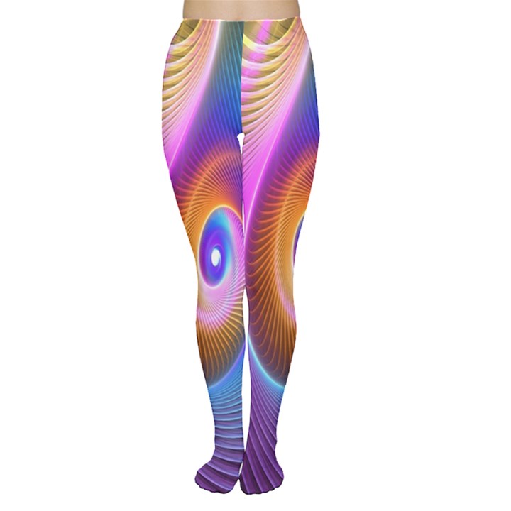 Abstract Fractal Bright Hole Wave Chevron Gold Purple Blue Green Women s Tights