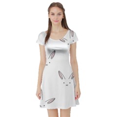 Bunny Line Rabbit Face Animals White Pink Short Sleeve Skater Dress by Mariart