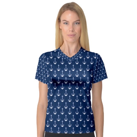 Blue White Anchor Women s V-neck Sport Mesh Tee by Mariart