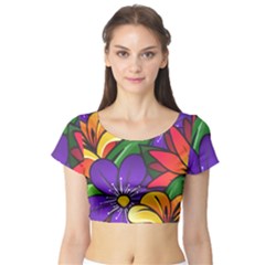 Bright Flowers Floral Sunflower Purple Orange Greeb Red Star Short Sleeve Crop Top (tight Fit) by Mariart