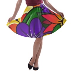 Bright Flowers Floral Sunflower Purple Orange Greeb Red Star A-line Skater Skirt by Mariart