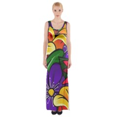 Bright Flowers Floral Sunflower Purple Orange Greeb Red Star Maxi Thigh Split Dress by Mariart