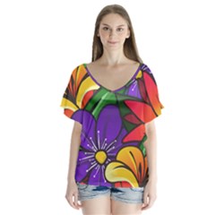 Bright Flowers Floral Sunflower Purple Orange Greeb Red Star Flutter Sleeve Top