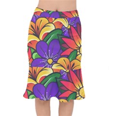 Bright Flowers Floral Sunflower Purple Orange Greeb Red Star Mermaid Skirt