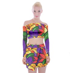 Bright Flowers Floral Sunflower Purple Orange Greeb Red Star Off Shoulder Top With Skirt Set by Mariart