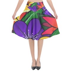 Bright Flowers Floral Sunflower Purple Orange Greeb Red Star Flared Midi Skirt