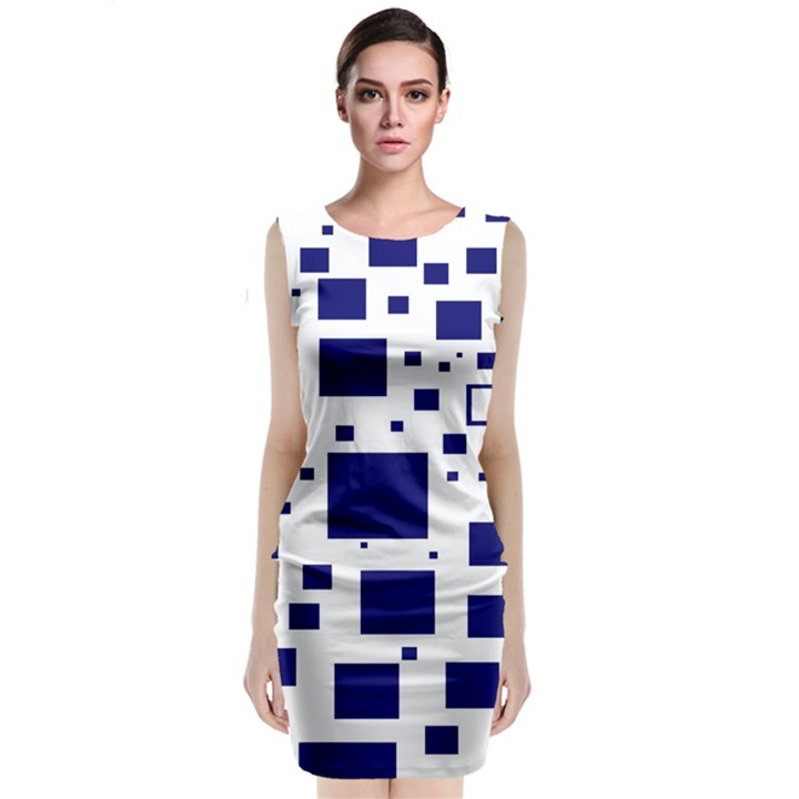 Illustrated Blue Squares Sleeveless Velvet Midi Dress