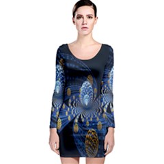 Fractal Balls Flying Ultra Space Circle Round Line Light Blue Sky Gold Long Sleeve Bodycon Dress by Mariart