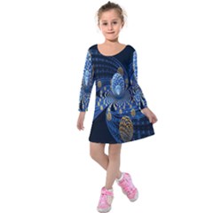 Fractal Balls Flying Ultra Space Circle Round Line Light Blue Sky Gold Kids  Long Sleeve Velvet Dress by Mariart