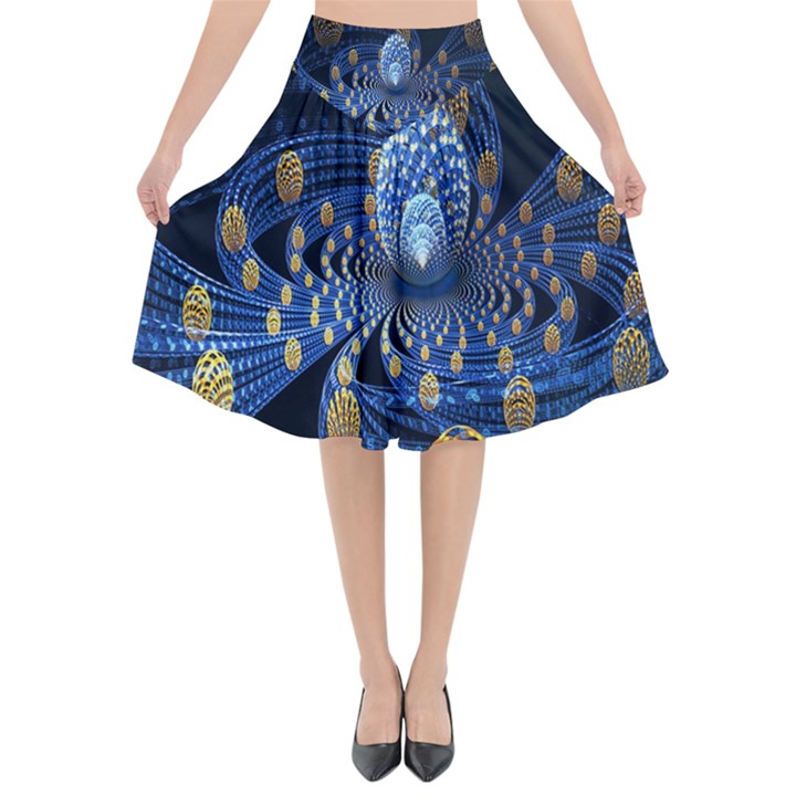 Fractal Balls Flying Ultra Space Circle Round Line Light Blue Sky Gold Flared Midi Skirt