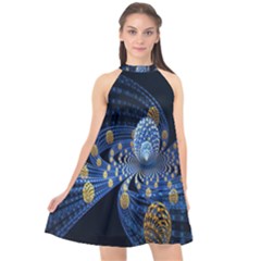 Fractal Balls Flying Ultra Space Circle Round Line Light Blue Sky Gold Halter Neckline Chiffon Dress 