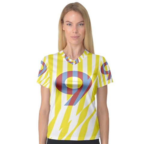 Number 9 Line Vertical Yellow Red Blue White Wae Chevron Women s V-neck Sport Mesh Tee by Mariart