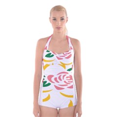 Pink Rose Ribbon Bouquet Green Yellow Flower Floral Boyleg Halter Swimsuit  by Mariart