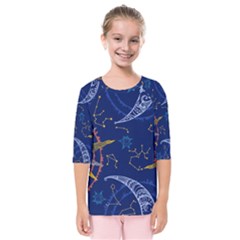 Sun Moon Seamless Star Blue Sky Space Face Circle Kids  Quarter Sleeve Raglan Tee