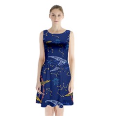 Sun Moon Seamless Star Blue Sky Space Face Circle Sleeveless Waist Tie Chiffon Dress by Mariart