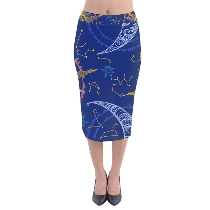 Sun Moon Seamless Star Blue Sky Space Face Circle Velvet Midi Pencil Skirt